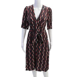 Cefinn Womens V-Neck Geometric Print Short Sleeve Waist Tied Dress Red Size 6